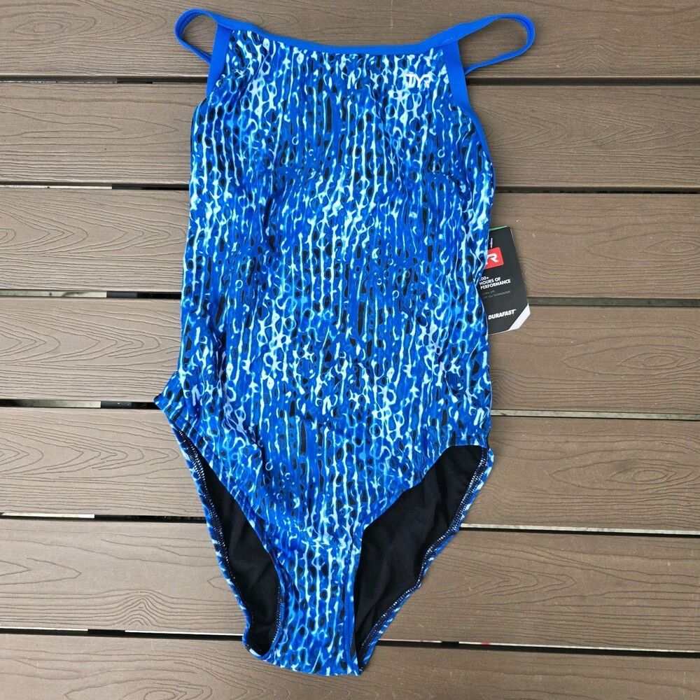 TYR Durafast Elite Women's Atolla Blue Diamondfit 1 Piece Swim Sz 34 New